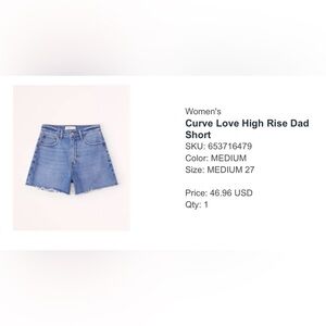 Abercrombie Curve Love High Rise Dad Short, Medium Wash, Size 27